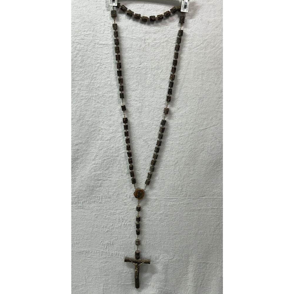Vintage Rustic Wood Log Bead Rosary Our Lady Corpus Crucifix Catholic Prayer